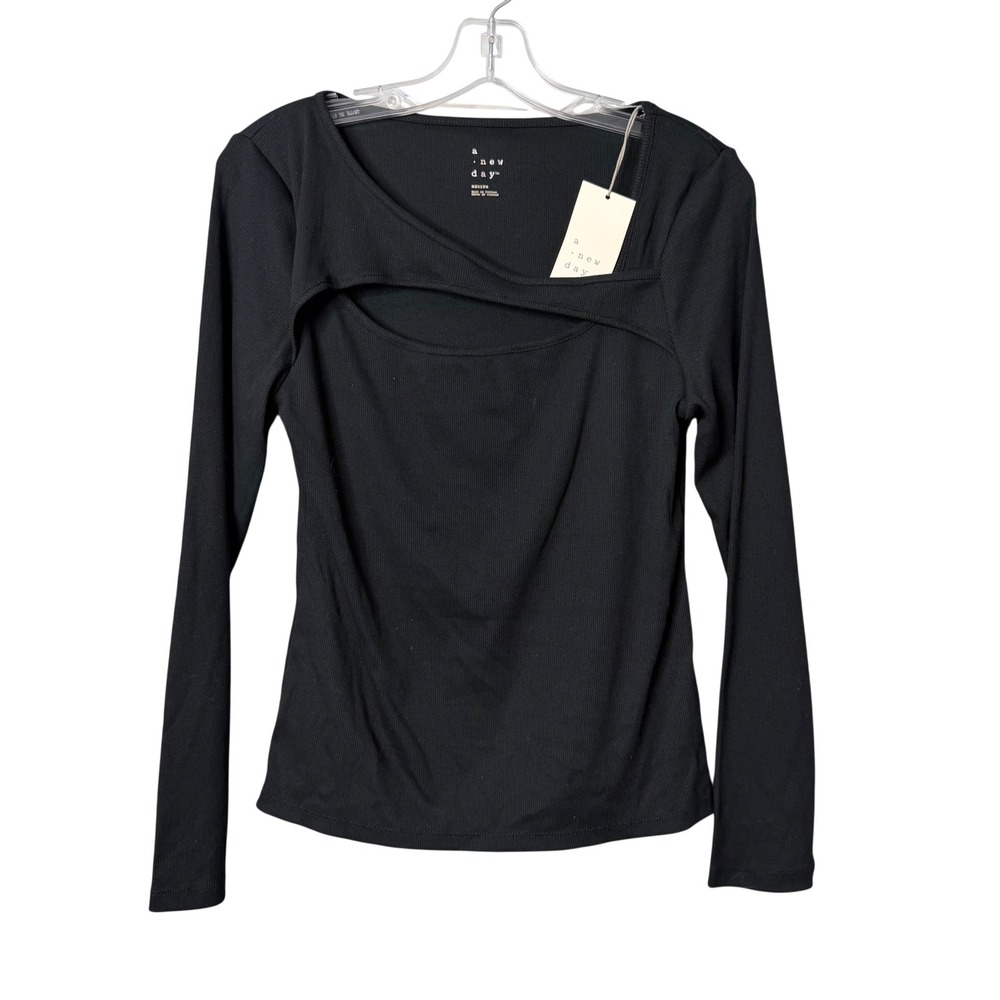 A New Day Cutout Top Womens M Black Peek A Boo Ribbed Long Sleeve Y2K Preppy
